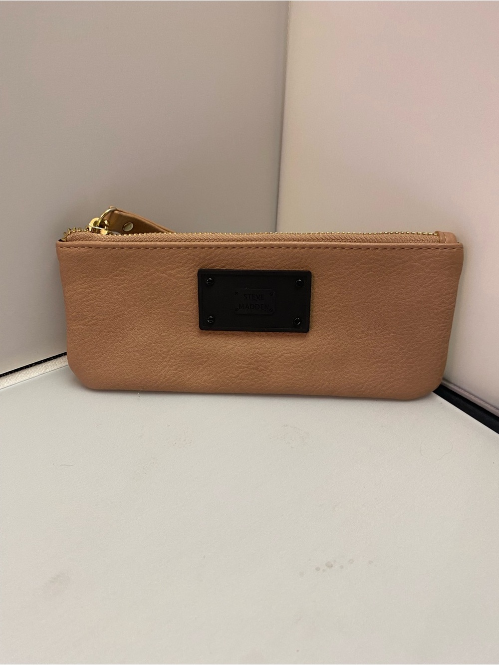Steve Madden Beige Zip-Top Cosmetic Wristlet with Gold Hardware